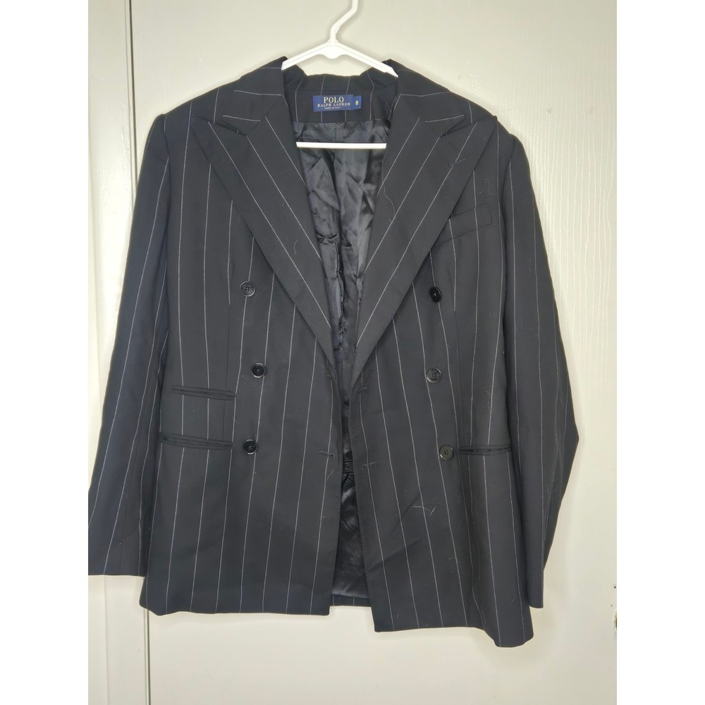 Polo Ralph Lauren Womens Black Pinstripe Double Breasted Blazer Made in Italy 8